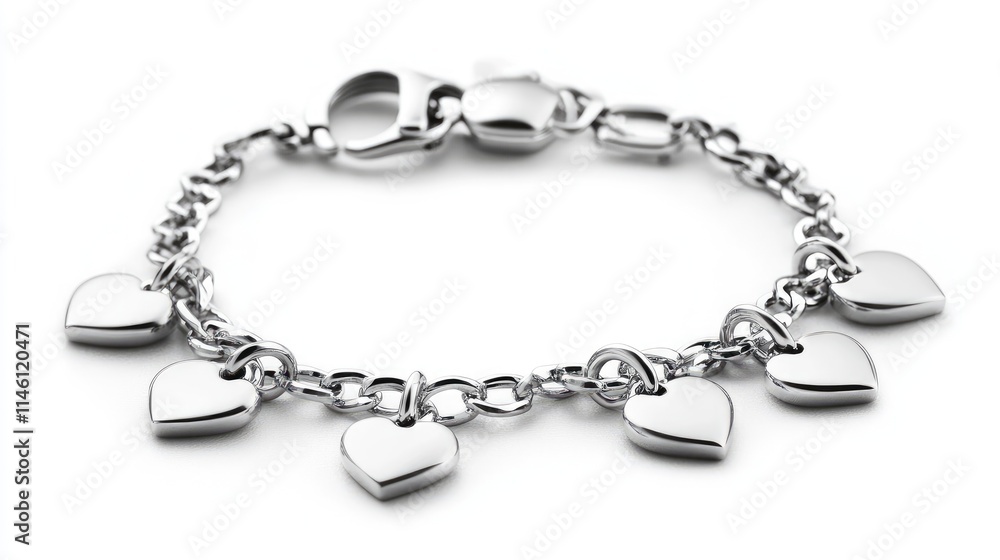 Silver Charm Bracelet with Heart Pendants on White Background Silver Charm Bracelet with Heart Pendants on White Background