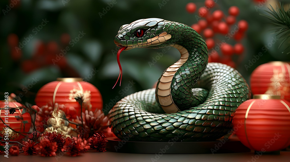 Green Snake Coiled Decor, Red Lanterns, Festive Green Snake Coiled Decor, Red Lanterns, Festive