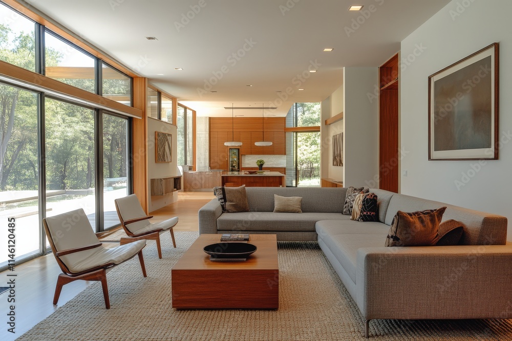 A stylish modern living room featuring floor-to-ceiling windows, a contemporary gray sofa, sleek wooden furniture, and elegant decor in a spacious open layout. A stylish modern living room featuring floor-to-ceiling windows, a contemporary gray sofa, sleek wooden furniture, and elegant decor in a spacious open layout.