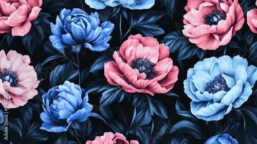 Unusual Floral summer seamless pattern. flowers on a black background. Template for fabrics, textiles, paper, wallpaper, interior decoration. Vintage