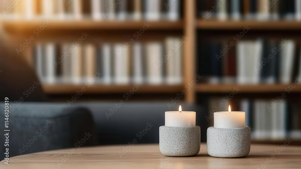 library quiet candles concept. A quiet zone in the library with wooden furniture and candles in natural stone holders, blending rustic and tranquil design elements, library quiet candles library quiet candles concept. A quiet zone in the library with wooden furniture and candles in natural stone holders, blending rustic and tranquil design elements, library quiet candles