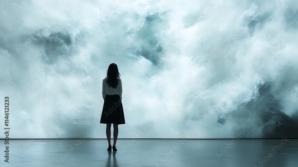 Woman Gazing at Ethereal Clouds: A solitary figure stands before a mesmerizing, ethereal display of swirling clouds. The woman's silhouette is silhouetted against the dramatic backdrop. Woman Gazing at Ethereal Clouds: A solitary figure stands before a mesmerizing, ethereal display of swirling clouds. The woman's silhouette is silhouetted against the dramatic backdrop.