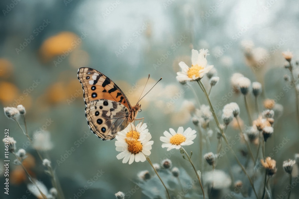 Obraz premium A stunning butterfly perches gracefully on colorful flowers, showcasing nature's beauty and vibrant life on World Wildlife Day. The scene exudes tranquility and harmony