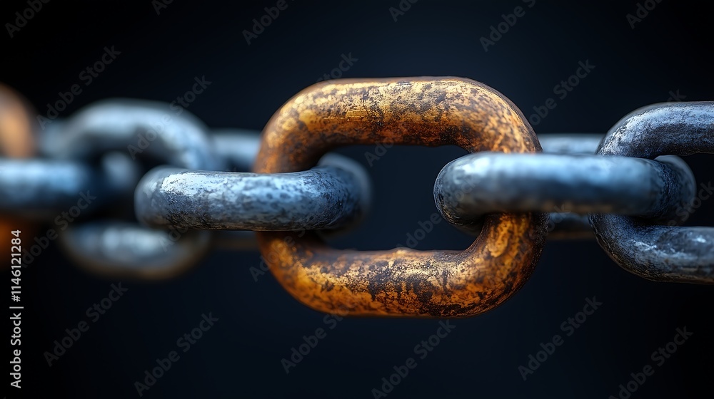 Rusty Chain Link: A close-up of a weathered chain link, capturing the texture and detail of its worn surface. The rusty link stands out against the backdrop of sleek, metallic links. Rusty Chain Link: A close-up of a weathered chain link, capturing the texture and detail of its worn surface. The rusty link stands out against the backdrop of sleek, metallic links.