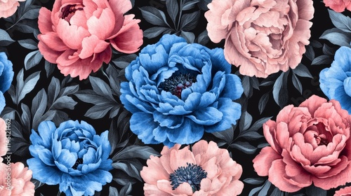 Unusual Floral summer seamless pattern. flowers on a black background. Template for fabrics, textiles, paper, wallpaper, interior decoration. Vintage