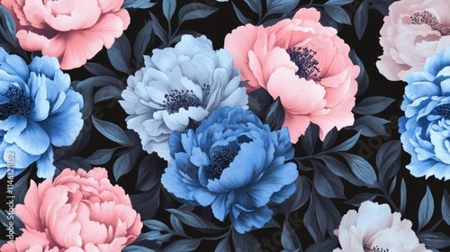 Unusual Floral summer seamless pattern. flowers on a black background. Template for fabrics, textiles, paper, wallpaper, interior decoration. Vintage