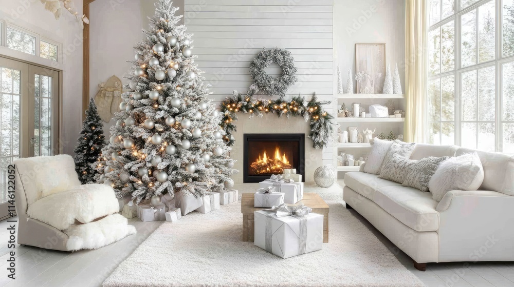 Cozy Winter Living Room with Christmas Tree and Fireplace Decor Cozy Winter Living Room with Christmas Tree and Fireplace Decor