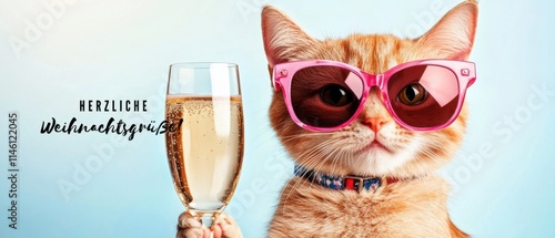 Herzliche Weihnachtsgrüße: Katze mit Champagner und Sonnenbrille feiert Weihnachten photo