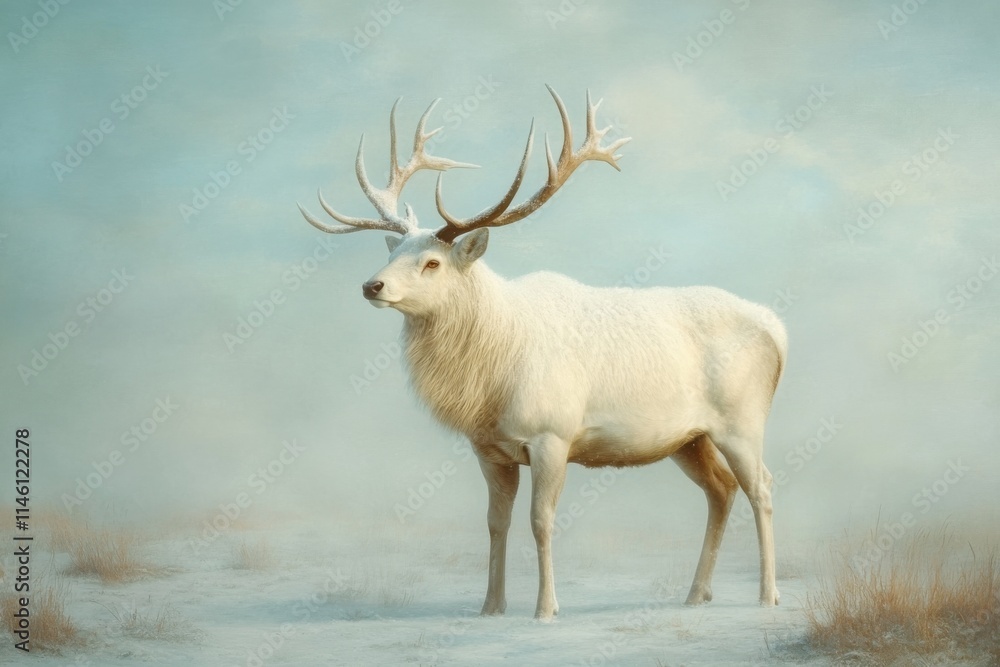 In a serene, mist-laden environment, a magnificent white stag stands gracefully. Its antlers glisten, capturing the essence of mythical beauty while celebrating wildlife conservation In a serene, mist-laden environment, a magnificent white stag stands gracefully. Its antlers glisten, capturing the essence of mythical beauty while celebrating wildlife conservation
