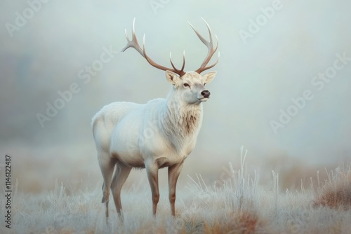 In a serene early morning mist, a stunning white stag stands majestically among frost-covered grass, embodying the beauty of nature on World Wildlife Day and inspiring awe and wonder