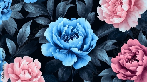 Unusual Floral summer seamless pattern. flowers on a black background. Template for fabrics, textiles, paper, wallpaper, interior decoration. Vintage