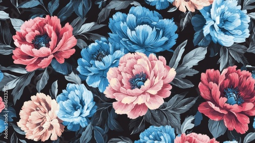 Unusual Floral summer seamless pattern. flowers on a black background. Template for fabrics, textiles, paper, wallpaper, interior decoration. Vintage