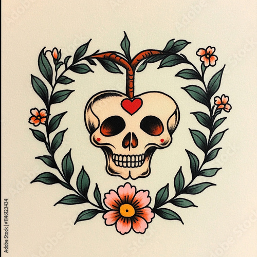 Skull and Heart tattoo flash illustration photo