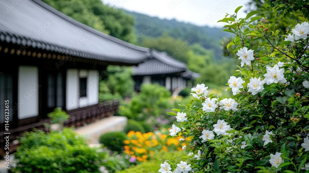 Serene Asian temple garden with white flowers. Serene Asian temple garden with white flowers.