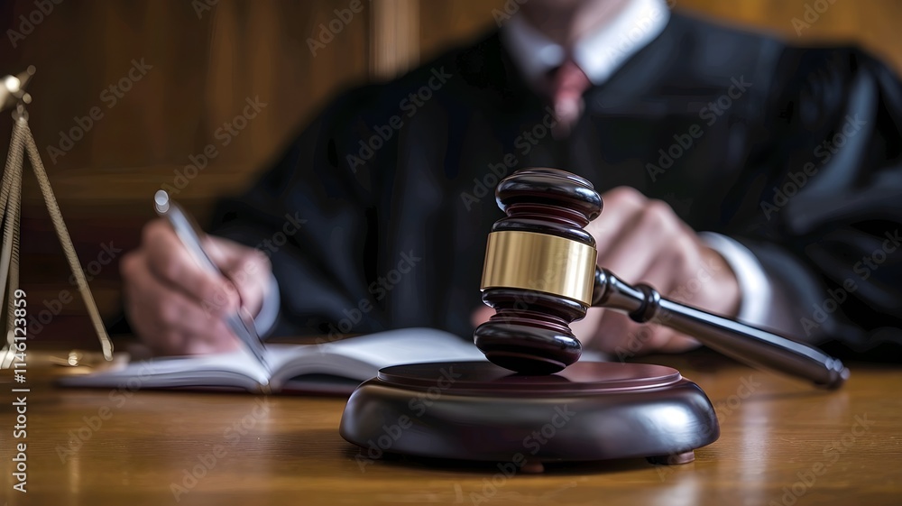 Judge in courtroom, gavel, and scales of justice Judge in courtroom, gavel, and scales of justice