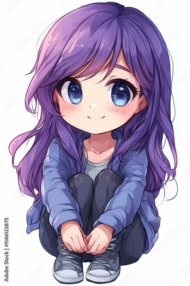 Adorable Anime Girl with Purple Hair Sitting Adorable Anime Girl with Purple Hair Sitting