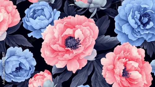 Unusual Floral summer seamless pattern. flowers on a black background. Template for fabrics, textiles, paper, wallpaper, interior decoration. Vintage