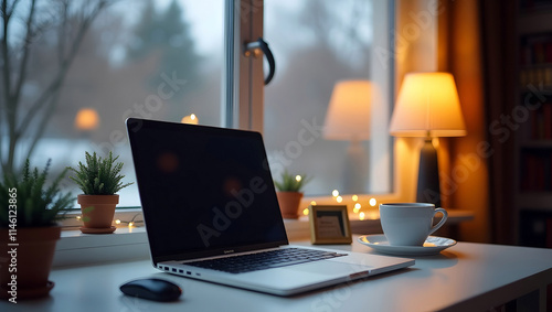 Coffee cup, laptop and notepad with pen on a table against the window, view to winter city. Cozy workplace in home office