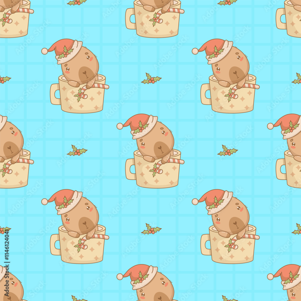 Seamless pattern with Christmas Capybara in Santa hat in cup on blue checkered background. New Year Funny cartoon kawaii character backdrop. Vector illustration. Kids holiday collection Seamless pattern with Christmas Capybara in Santa hat in cup on blue checkered background. New Year Funny cartoon kawaii character backdrop. Vector illustration. Kids holiday collection