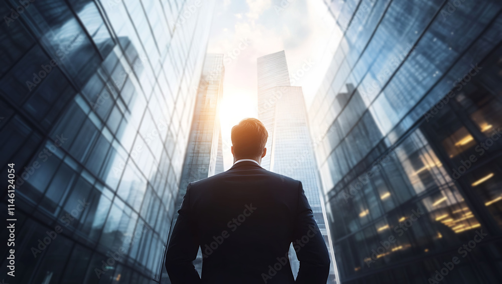 businessman from behind standing in front of a building businessman from behind standing in front of a building