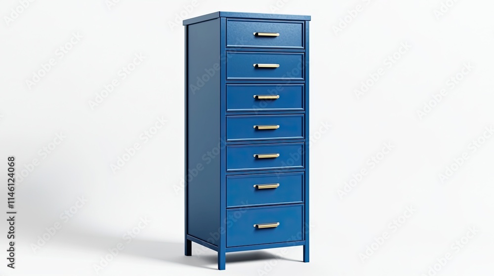 A tall blue dresser with six drawers and gold handles, ideal for storage and organization. A tall blue dresser with six drawers and gold handles, ideal for storage and organization.
