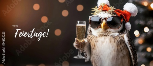 Coole Eule feiert Weihnachten mit Sekt und Sonnenbrille  Festtagsfoto photo