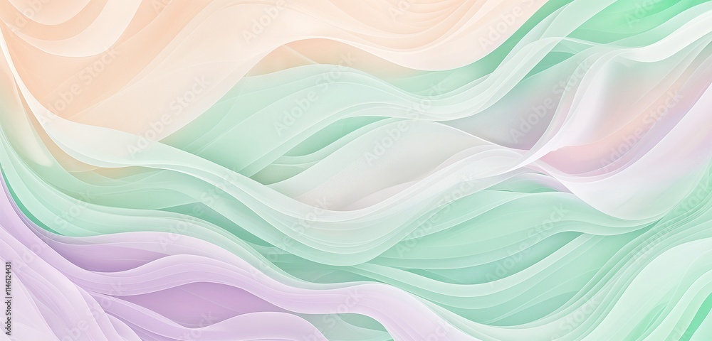 Fototapeta premium A delicate digital abstract gradient wave background with pastel hues of mint green, lavender, and peach. The waves form a soft, whimsical pattern.