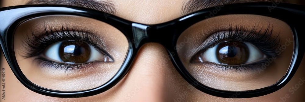 Naklejka premium Beautiful Womans Face Wearing Chic, Stylish Eyeglasses Frame, Extreme Eye Closeup view