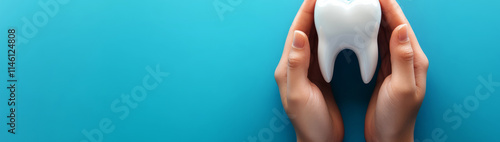 hands holding a tooth on a blue background ,Dental health concept, 