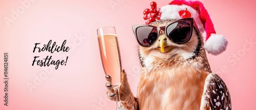 Fröhliche Festtage Coole Eule mit Sekt feiert Weihnachten photo