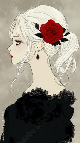 Elegant Anime Girl with Red Rose and Black Dress