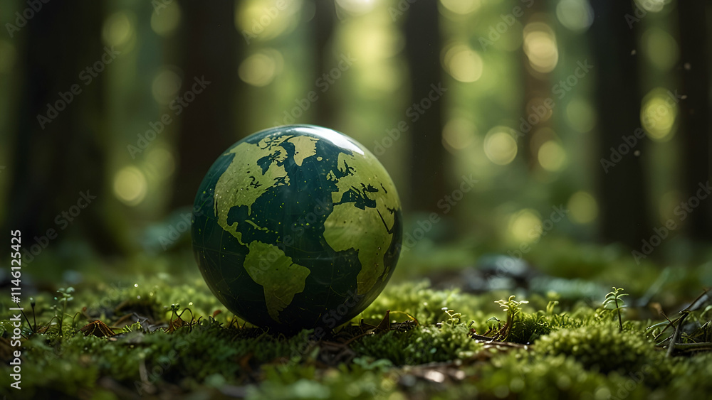 Earth Day Defocused abstract sunlight and a green globe in a forest with moss Earth Day Defocused abstract sunlight and a green globe in a forest with moss