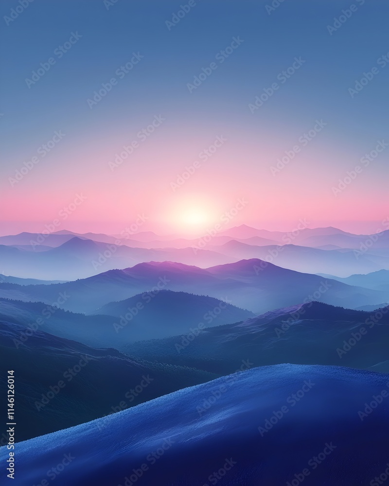 Obraz premium A breathtaking landscape featuring rolling hills and mountains under a serene sunrise. The sky transitions from deep blue to soft pink, creating a calming atmosphere.