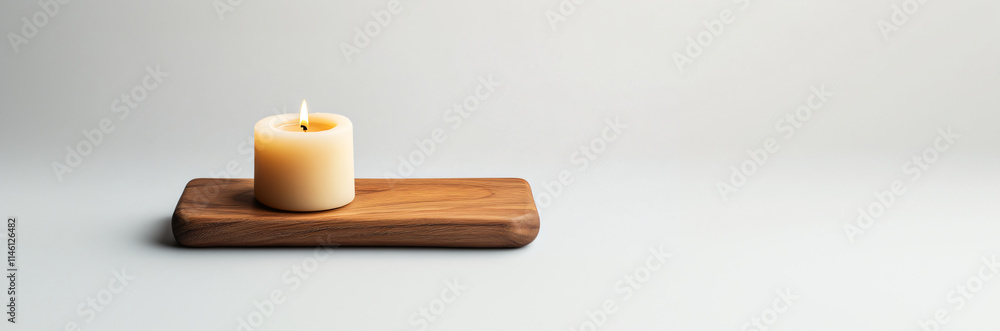 Candle in a wooden candlestick on a white background. Concept template banner for spa salons, advertising handicrafts and woodwork, massage services and relaxation with a place for text. Candle in a wooden candlestick on a white background. Concept template banner for spa salons, advertising handicrafts and woodwork, massage services and relaxation with a place for text.