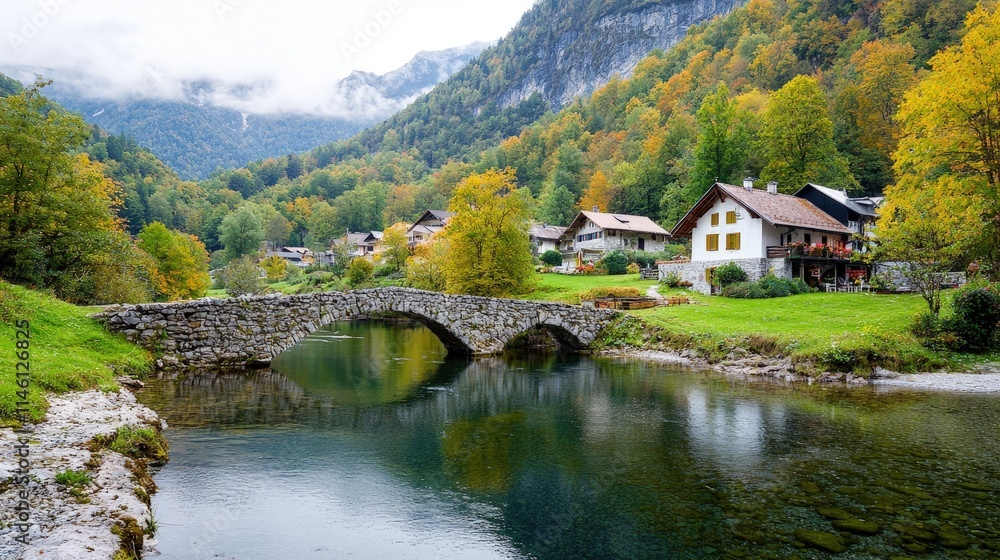 Stone bridge over calm river in autumnal mountain village. Stone bridge over calm river in autumnal mountain village.