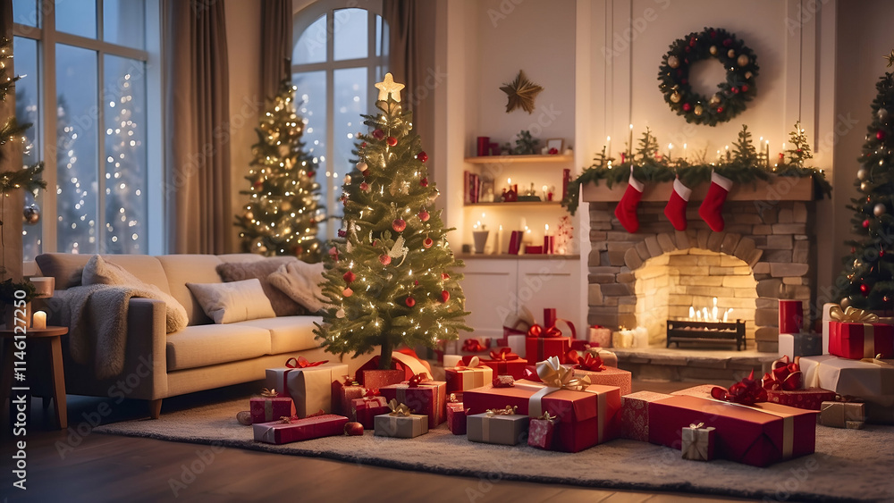 A cozy evening on Christmas Eve in a living room with gifts and a decorated tree A cozy evening on Christmas Eve in a living room with gifts and a decorated tree