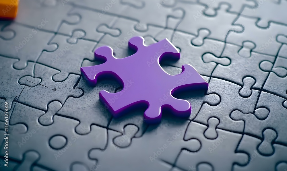 Fototapeta premium Single Purple Puzzle Piece on Gray Background with Empty Space