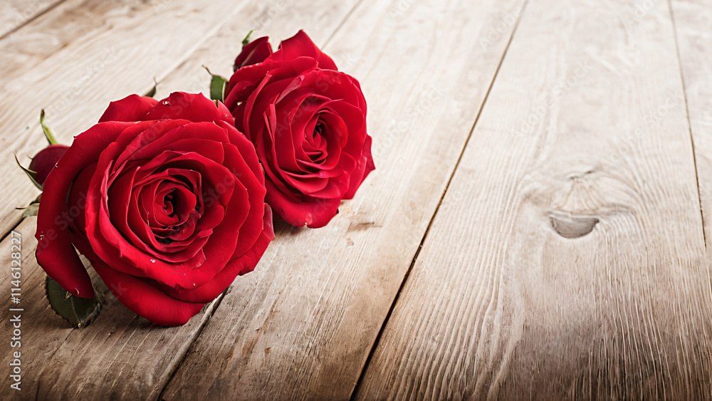 two red roses on a wooden table two red roses on a wooden table