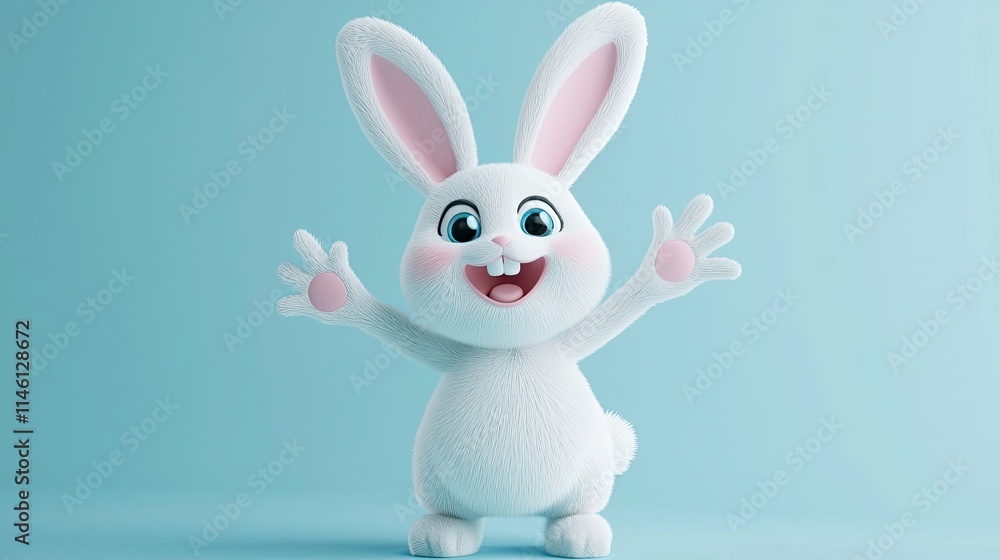 Obraz premium A cheerful cartoon rabbit with big ears and a friendly smile, posing with open arms.