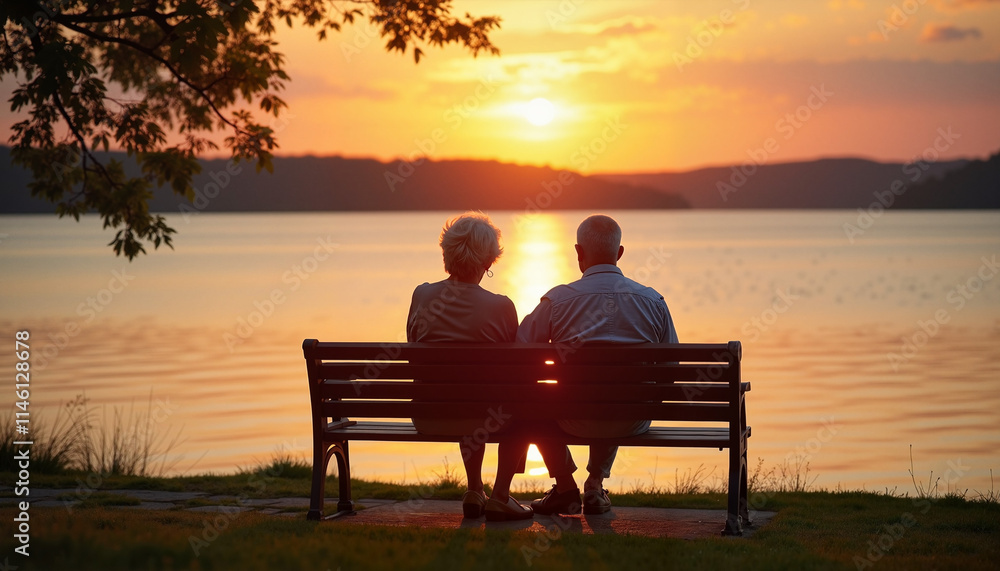 Elderly couple sitting on a bench by the lake at sunset. Elderly couple sitting on a bench by the lake at sunset.