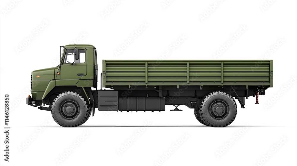 A side view of a military-style green truck designed for transportation and utility. A side view of a military-style green truck designed for transportation and utility.