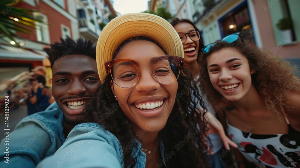 smiling multiethnic young group making selfie on the street smiling multiethnic young group making selfie on the street