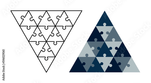 Outline Triangle puzzle pieces. Pyramid made of blue triangular puzzle pieces. Creativity, inspiration, logical thinking.