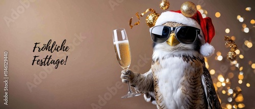 Festlicher Uhu mit Champagner: Lustige Weihnachtskarte mit Vogel photo