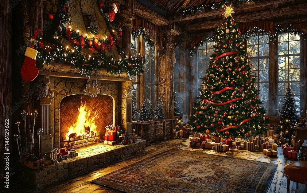 modern cozy room fireplace christmass tree with decorations toys and lights professional photo modern cozy room fireplace christmass tree with decorations toys and lights professional photo