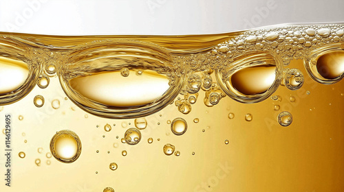 Oil bubbles background, luxury gold cosmetic essence liquid bubbles, gold liquid with golden drops. AI generative oil foam froth bubbles, abstract natural bubbling texture,skin cell,  biology, science photo