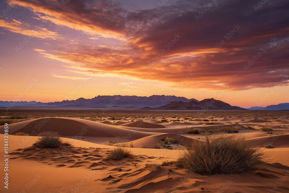 Fototapeta premium A stunning desert landscape at sunset with sand dunes, sparse vegetation, and a distant mountain range under a colorful sky with clouds. The warm light creates dramatic shadows and highlights the text