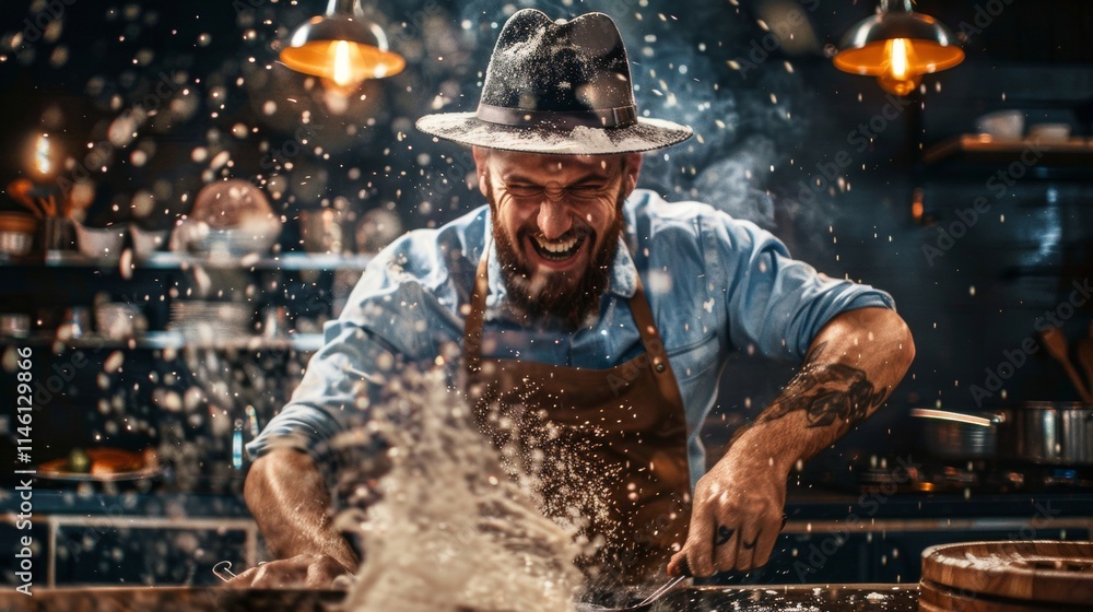 Chef preparing dough with flour flying mid-air Chef preparing dough with flour flying mid-air