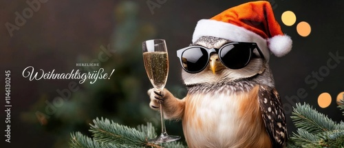 Coole Eule mit Weihnachtsmütze genießt Champagner zum Fest photo