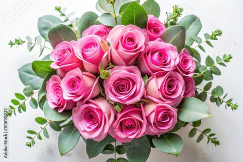 A stunning floral arrangement of pink roses and eucalyptus blossoms against a pure white background.